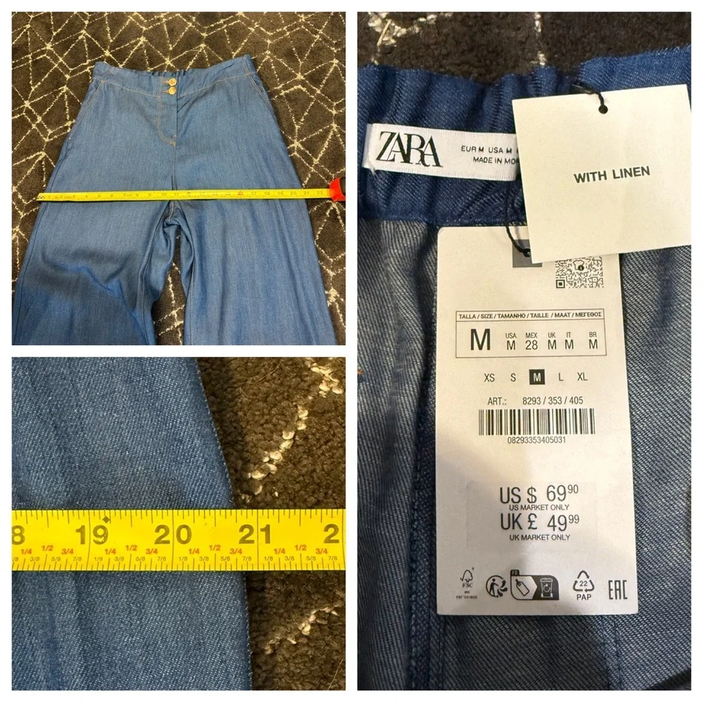 NWT! ZARA DENIM EFFECT OVERSIZED BLAZER and WIDE LEG PANTS INDIGO